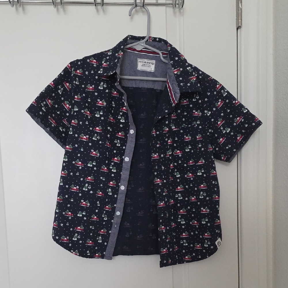 Navy Short Sleeve Shirt with Colorful  CHRISTMAS Pattern